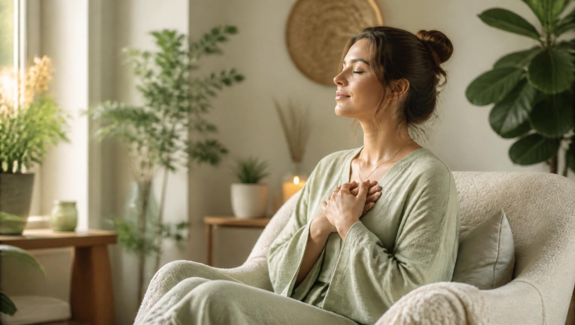 Serene healing space with warm natural light and greenery